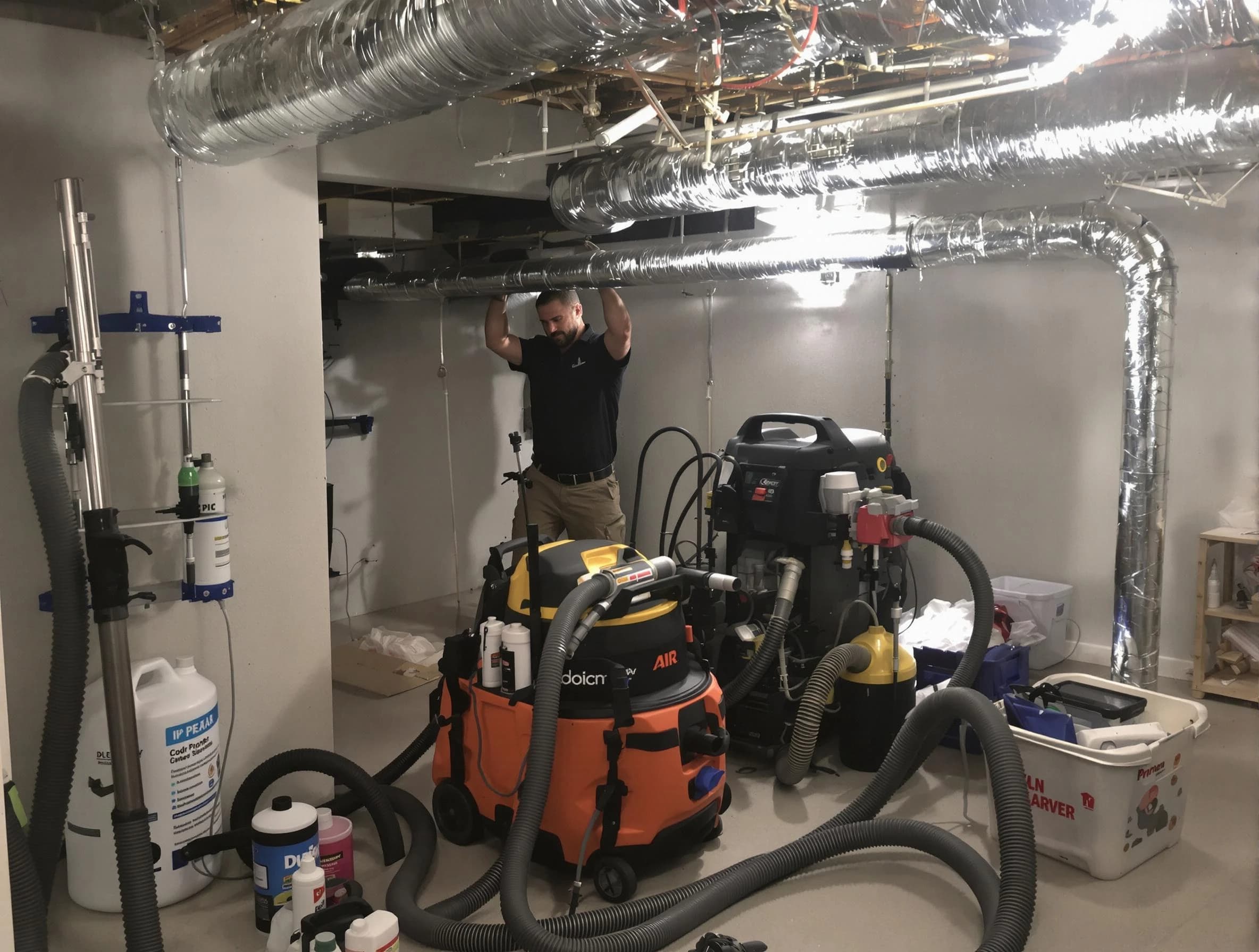 Newport Beach Air Duct Cleaning specialist performing professional mold removal from air ducts using safety equipment in Newport Beach