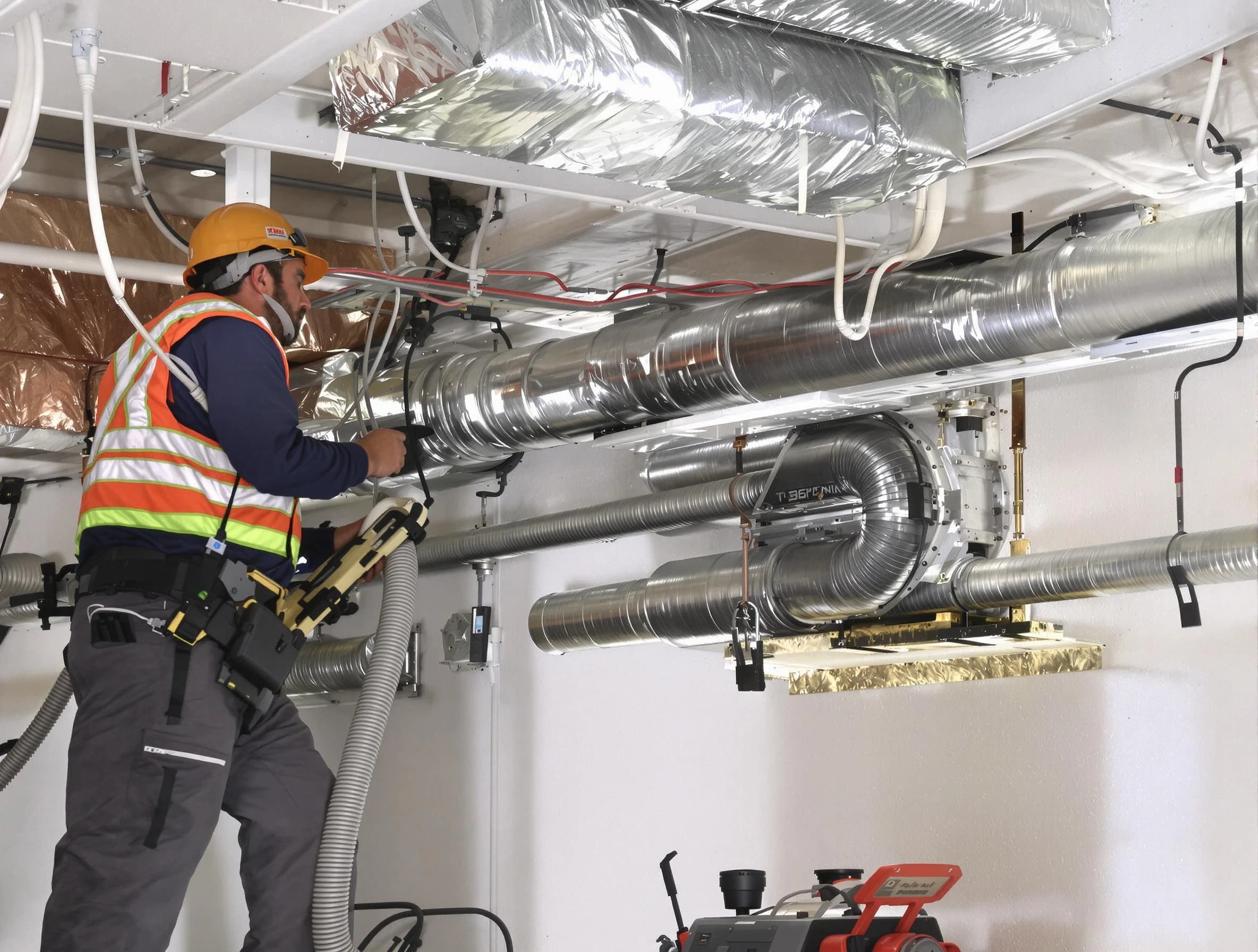 Newport Beach Air Duct Cleaning technician performing precision vacuum insulation removal in a residential property in Newport Beach